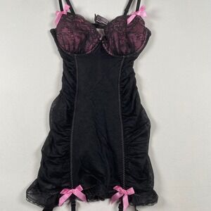 Victorias Secret Sexy Little Things Black Pink Lace Bodysuit Bows 34C Lingerie